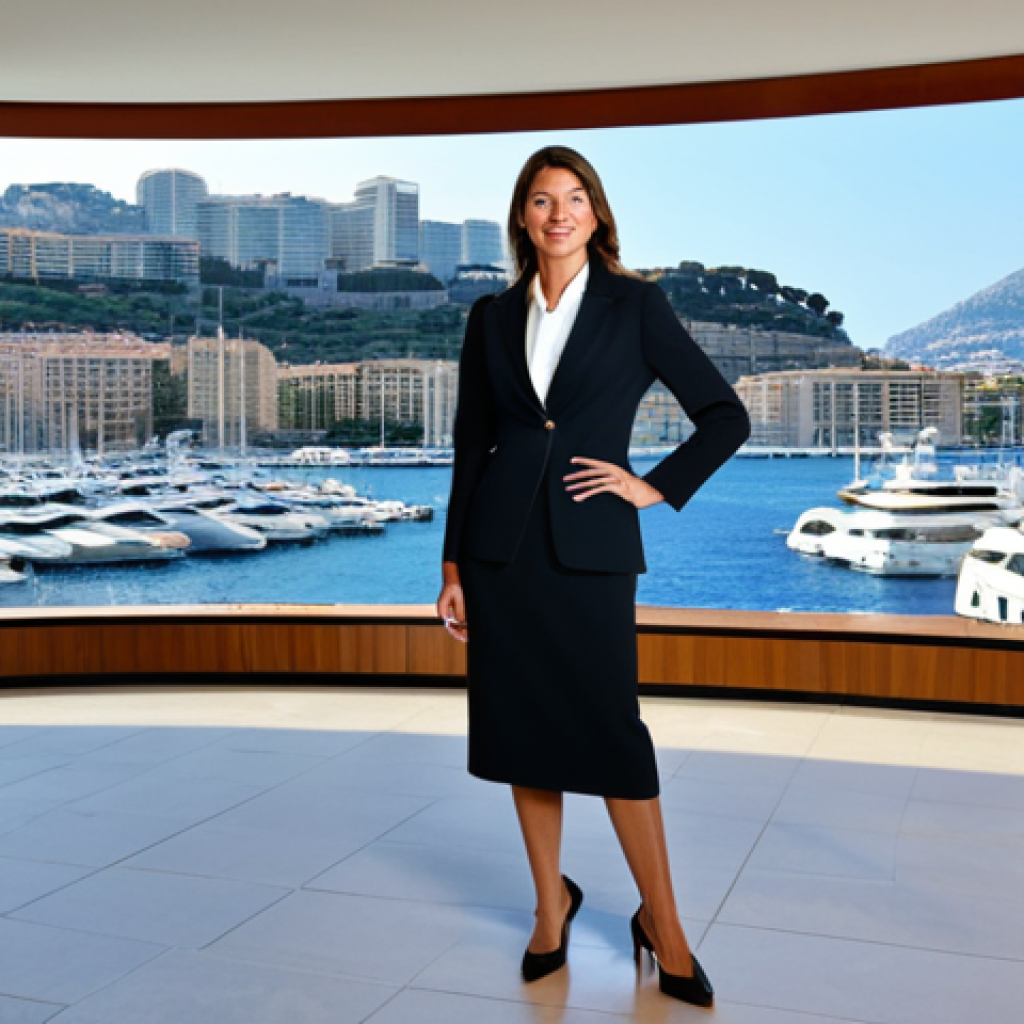 A professional, poised businesswoman, fully clothed in a modest, elegant business suit, stands confidently in a modern, high-rise office in Monaco. Through large windows, the glittering harbor with luxury yachts and the iconic Monte Carlo skyline are visible under a clear, sun-drenched sky. The office features sleek, minimalist decor with natural light. The subject is presented with perfect anatomy, correct proportions, well-formed hands, proper finger count, and a natural pose. This image is safe for work, appropriate content, family-friendly, and depicts professional dress, ensuring high-quality, professional photography with natural body proportions.