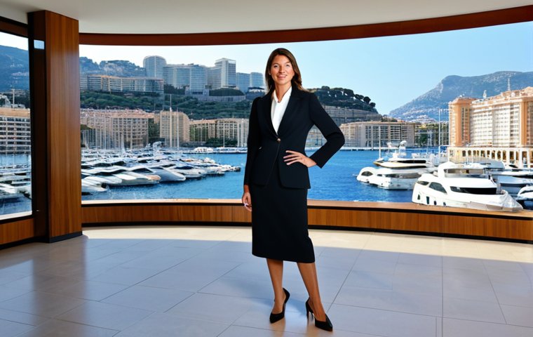 A professional, poised businesswoman, fully clothed in a modest, elegant business suit, stands confidently in a modern, high-rise office in Monaco. Through large windows, the glittering harbor with luxury yachts and the iconic Monte Carlo skyline are visible under a clear, sun-drenched sky. The office features sleek, minimalist decor with natural light. The subject is presented with perfect anatomy, correct proportions, well-formed hands, proper finger count, and a natural pose. This image is safe for work, appropriate content, family-friendly, and depicts professional dress, ensuring high-quality, professional photography with natural body proportions.