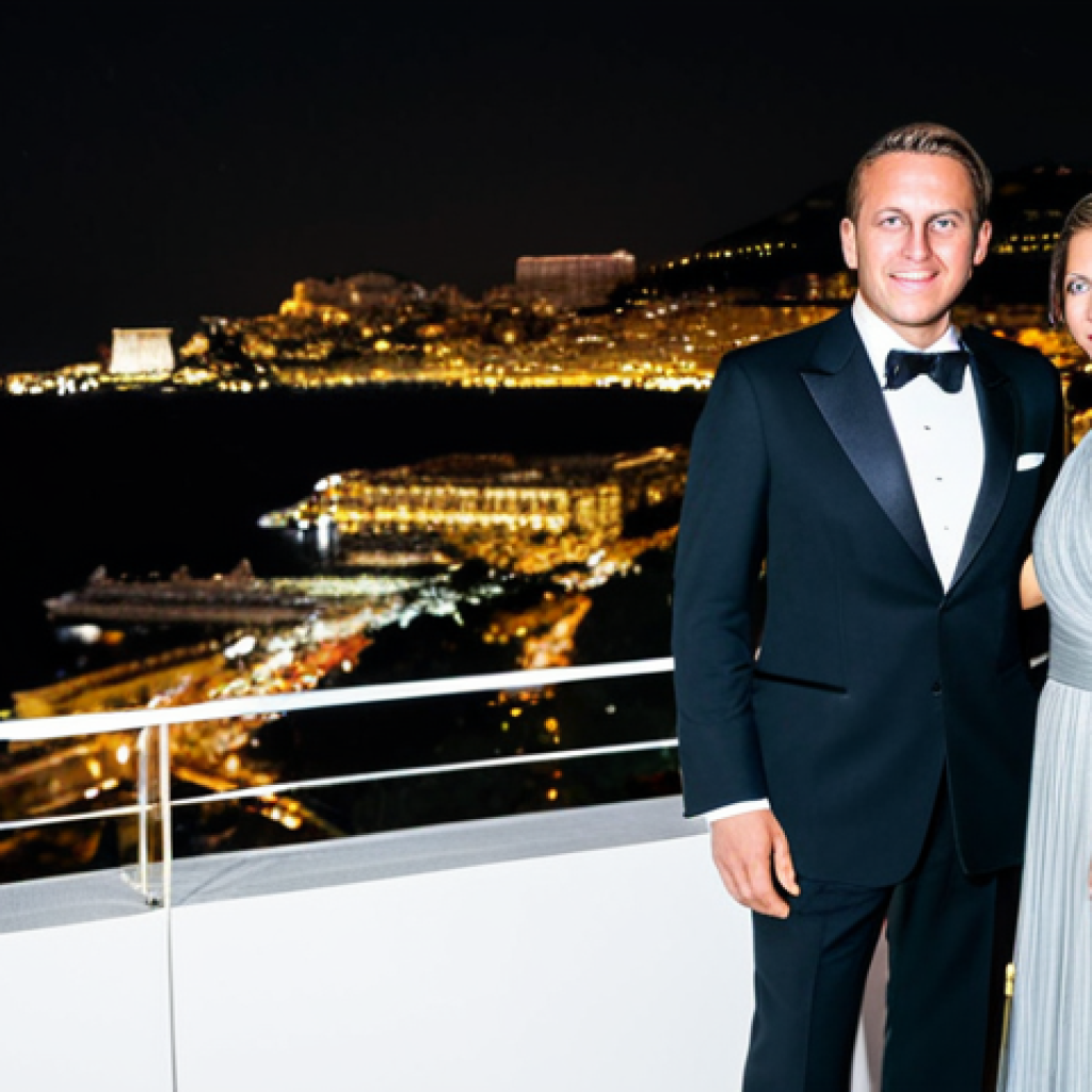 모나코에서 열리는 자선 행사 및 갈라 디너 - "A glamorous Monaco charity gala at night, featuring attendees in elegant black-tie attire, fully cl...