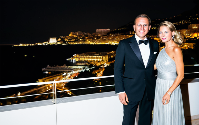모나코에서 열리는 자선 행사 및 갈라 디너 - "A glamorous Monaco charity gala at night, featuring attendees in elegant black-tie attire, fully cl...