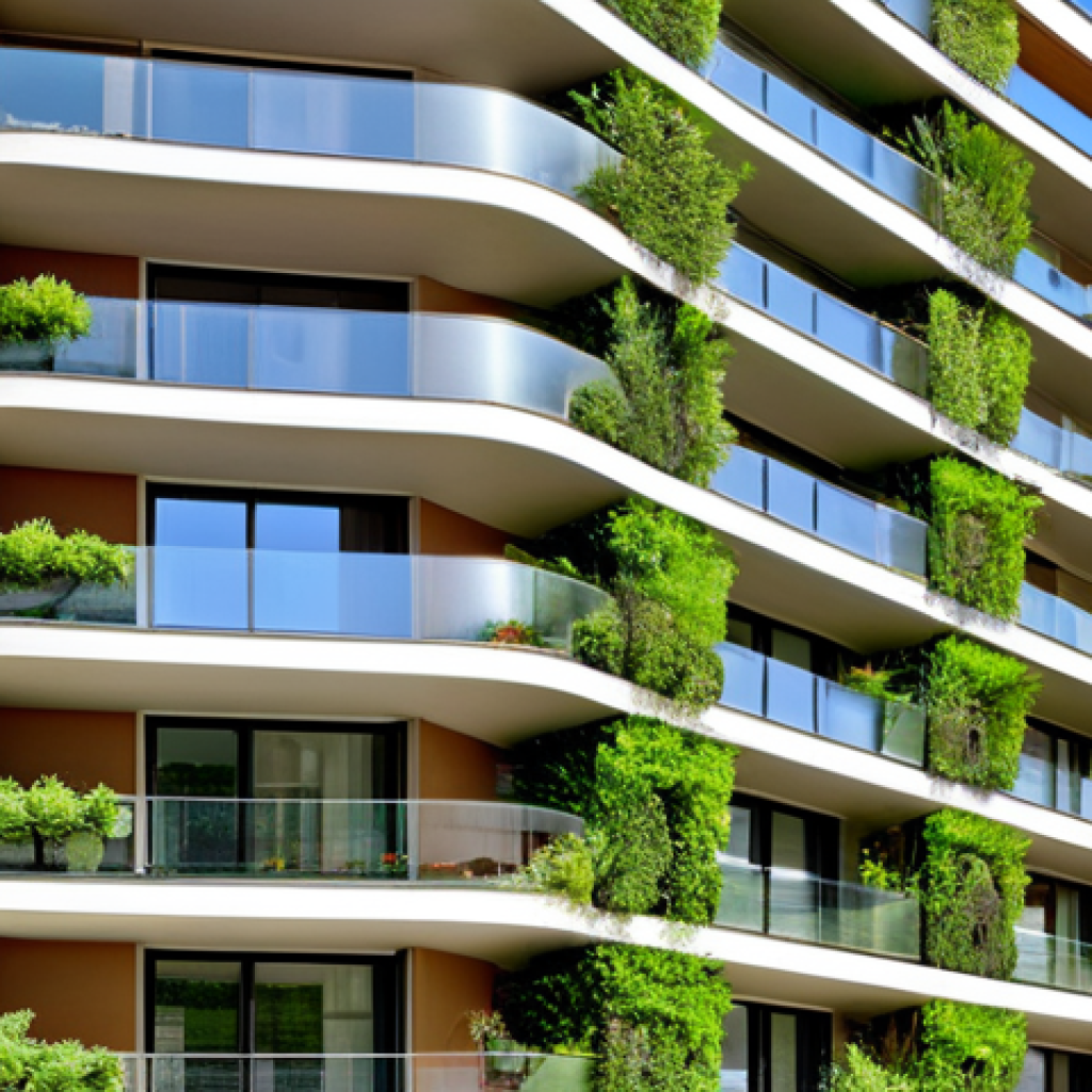 모나코 부동산 시장 동향 - **Prompt:** "A modern, eco-conscious apartment building in Monaco, featuring solar panels seamlessly...