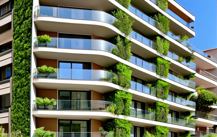 모나코 부동산 시장 동향 - **Prompt:** "A modern, eco-conscious apartment building in Monaco, featuring solar panels seamlessly...