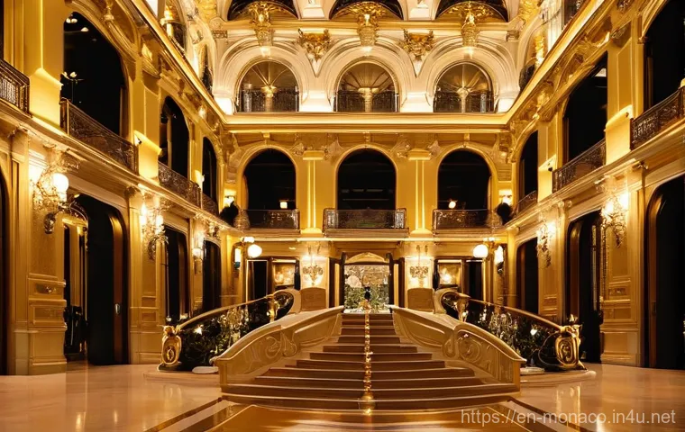 모나코에서의 유명 호텔 및 숙박 시설 - **Prompt:** A breathtaking wide shot of the Hôtel de Paris Monte-Carlo's iconic Belle Époque interio...