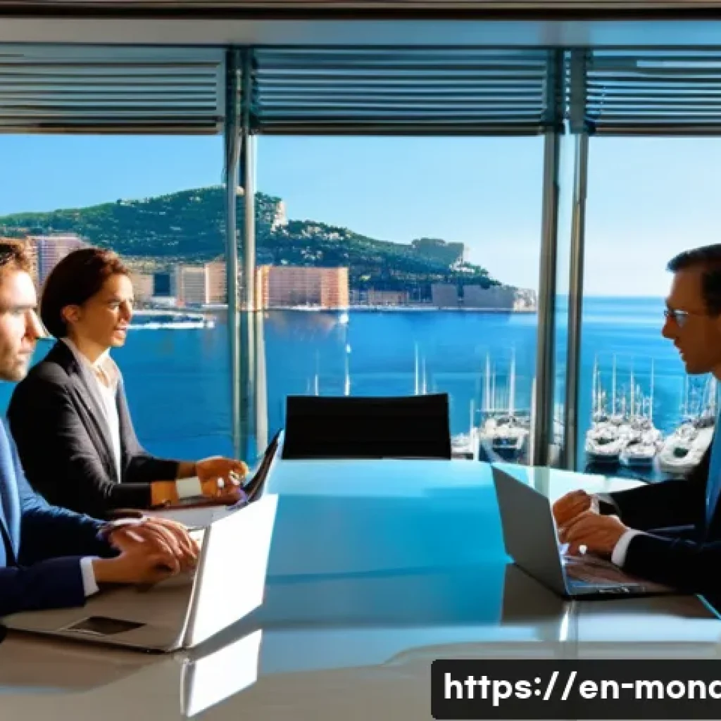 모나코에서 일자리 찾기 및 취업 정보 - A sophisticated Monaco office scene showcasing a diverse group of professionals engaged in a high-le...