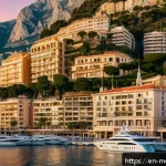 모나코 내 외국인 투자 정책 및 법률 - A panoramic view of Monaco’s luxurious harbor at sunset, featuring sleek yachts and modern high-rise...