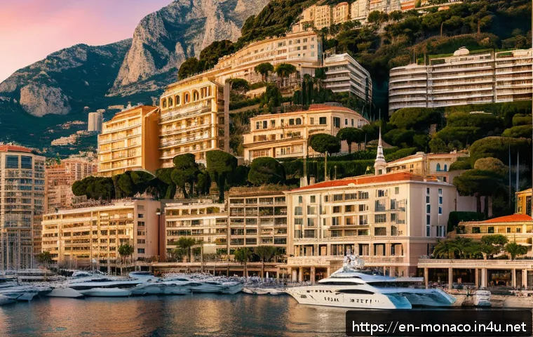 모나코 내 외국인 투자 정책 및 법률 - A panoramic view of Monaco’s luxurious harbor at sunset, featuring sleek yachts and modern high-rise...