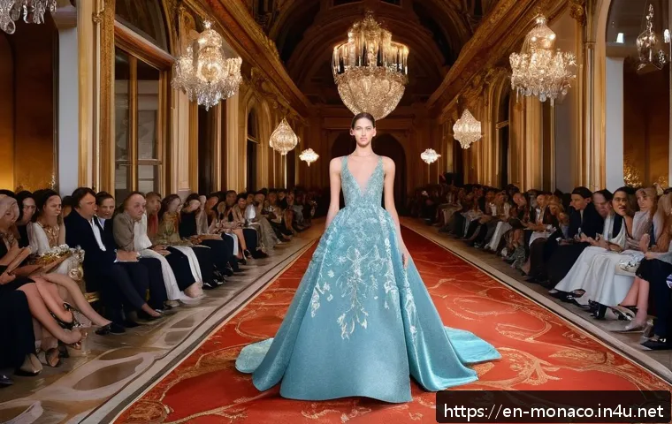 모나코에서 진행되는 패션쇼 및 디자인 행사 - A luxurious Monaco runway scene featuring models in shimmering gowns made from sustainable, regenera...