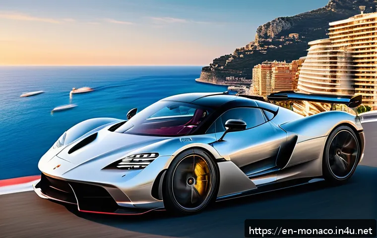 모나코에서 유명한 고급 자동차 행사 - A hypercar speeding along the Monaco coastal race circuit during golden hour, showcasing a sleek car...