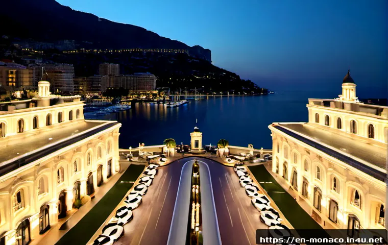 Home 17 모나코 내 카지노 산업과 경제적 영향 - Photorealistic elevated twilight view of Monaco’s Monte Carlo district, elegant casino-inspired Bell...